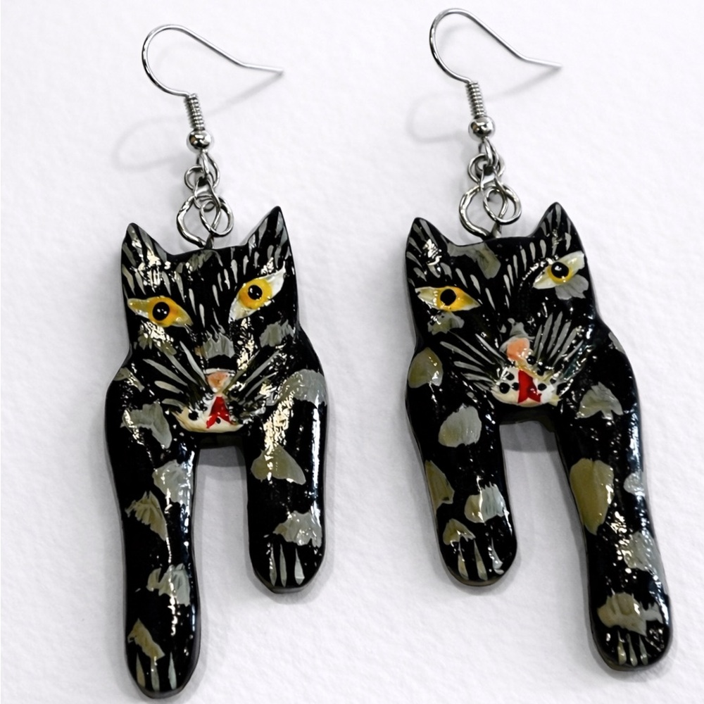 5/$20 Hand Painted Black Cat Dangle Earrings Artisan Style Handmade Y2K 90’s